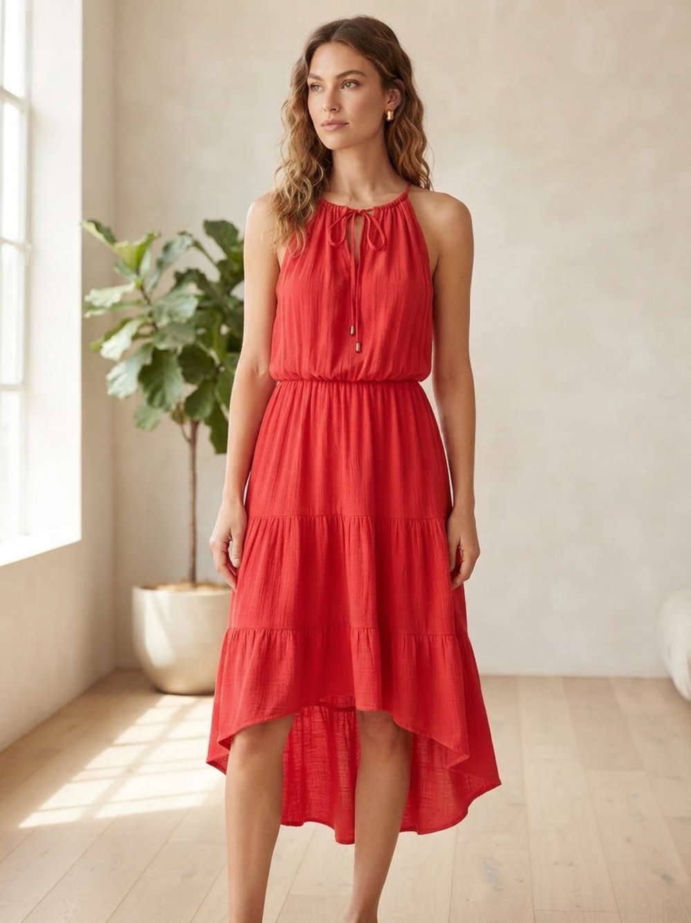 Sangria Red Halter High-Low Tiered Midi Dress Sz 6